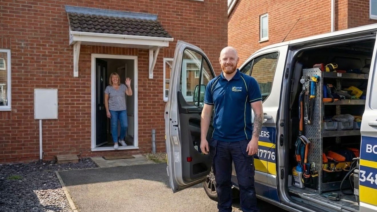 A PCP tradesperson greeted by a happy customer at her front door